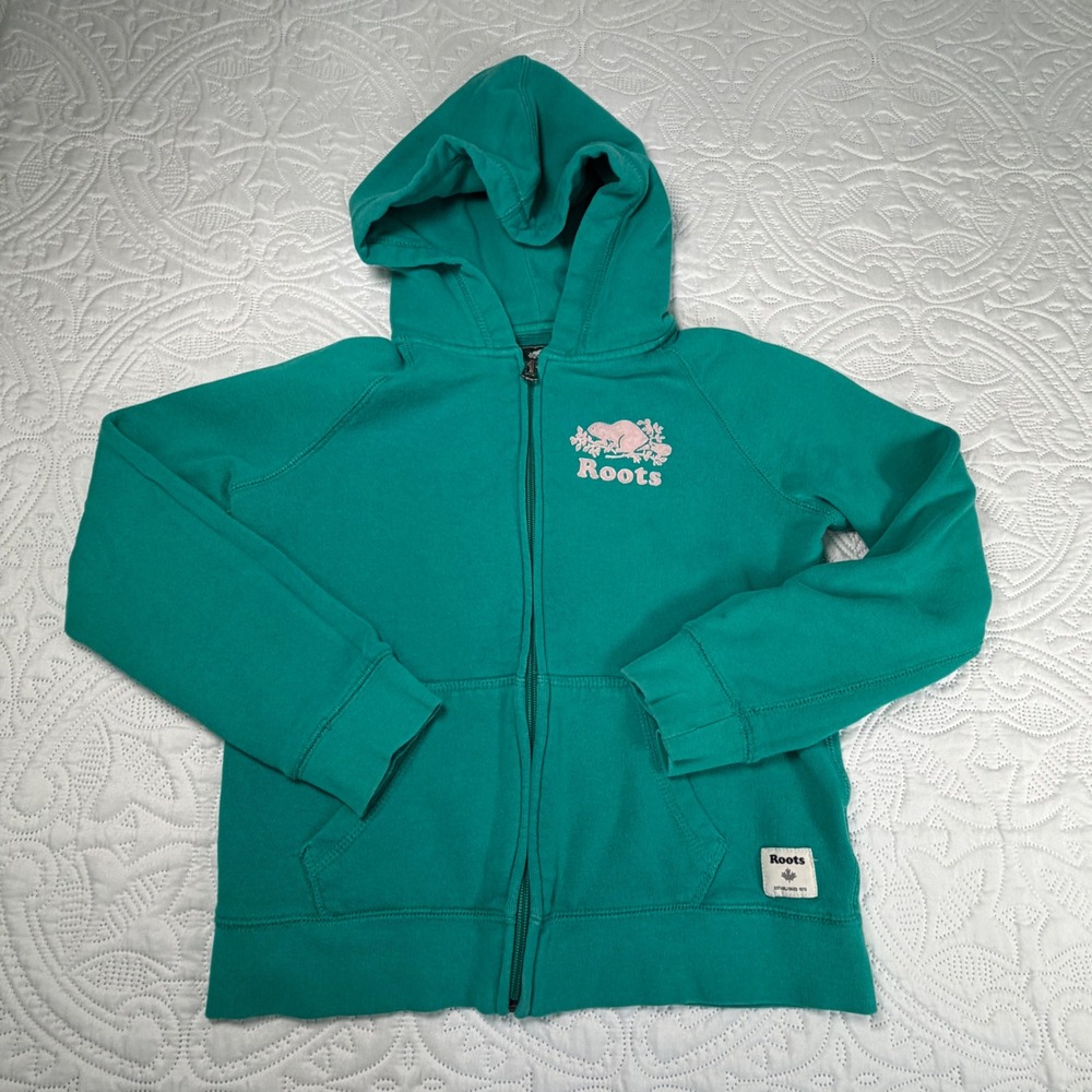 Roots Kids Teal Green Full Zip Beaver Logo Hoodie Sweatshirt‎ Size L 9-10 Years